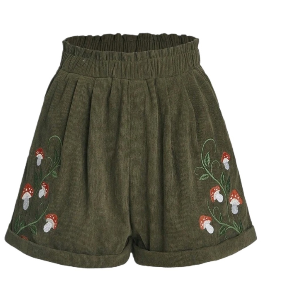 ROMWE Forest Fairy High Waist Olive Green Shorts with Mushroom Embroidery